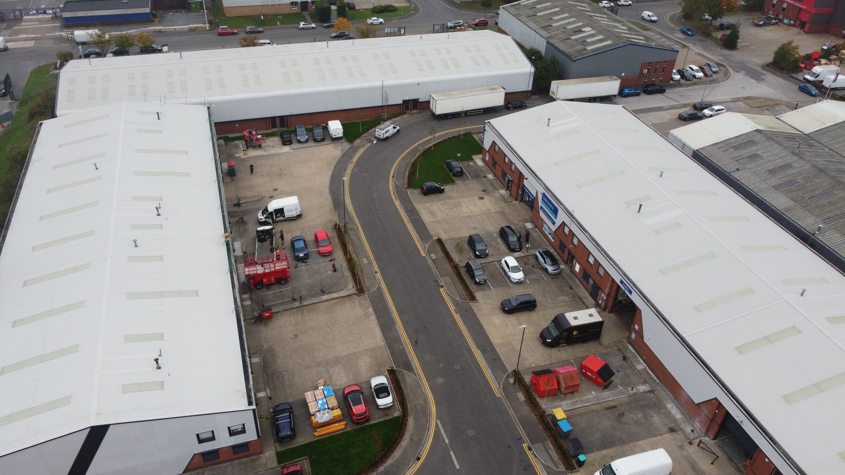 Image showing Liqusasil's Metalseal 20 roof coating applied to all roofs on an industrial estate in Nottingham