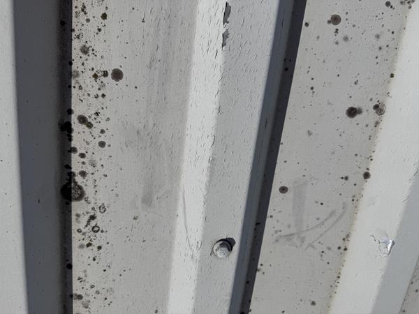 Iamage showing early stage degradation of a plastisol coated steel roof section<br />
