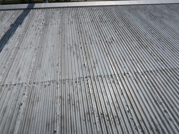 Image showing failing PVF2 finish on a 20 year old industrial metal roof